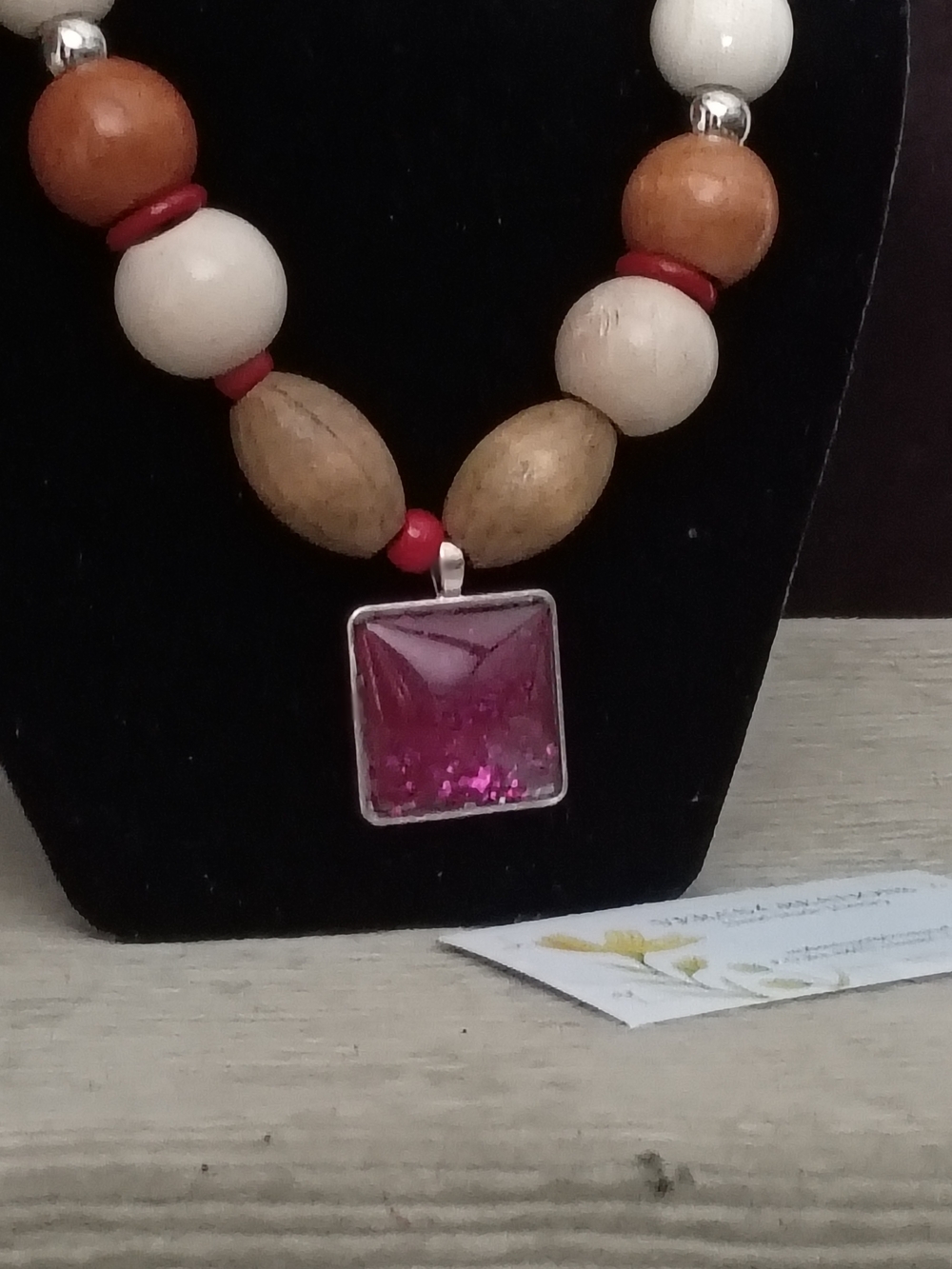 Pink Square Resin Pendant Necklace with Beaded Natural Accents